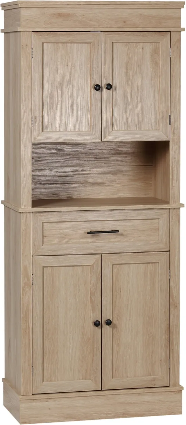 Lunpog Hoge Keukenkast – Opslagkast - met kast - verstelbare planken - lade en nis - 74 x 39,5 x 183 cm - licht eikenkleurig Bois naturel