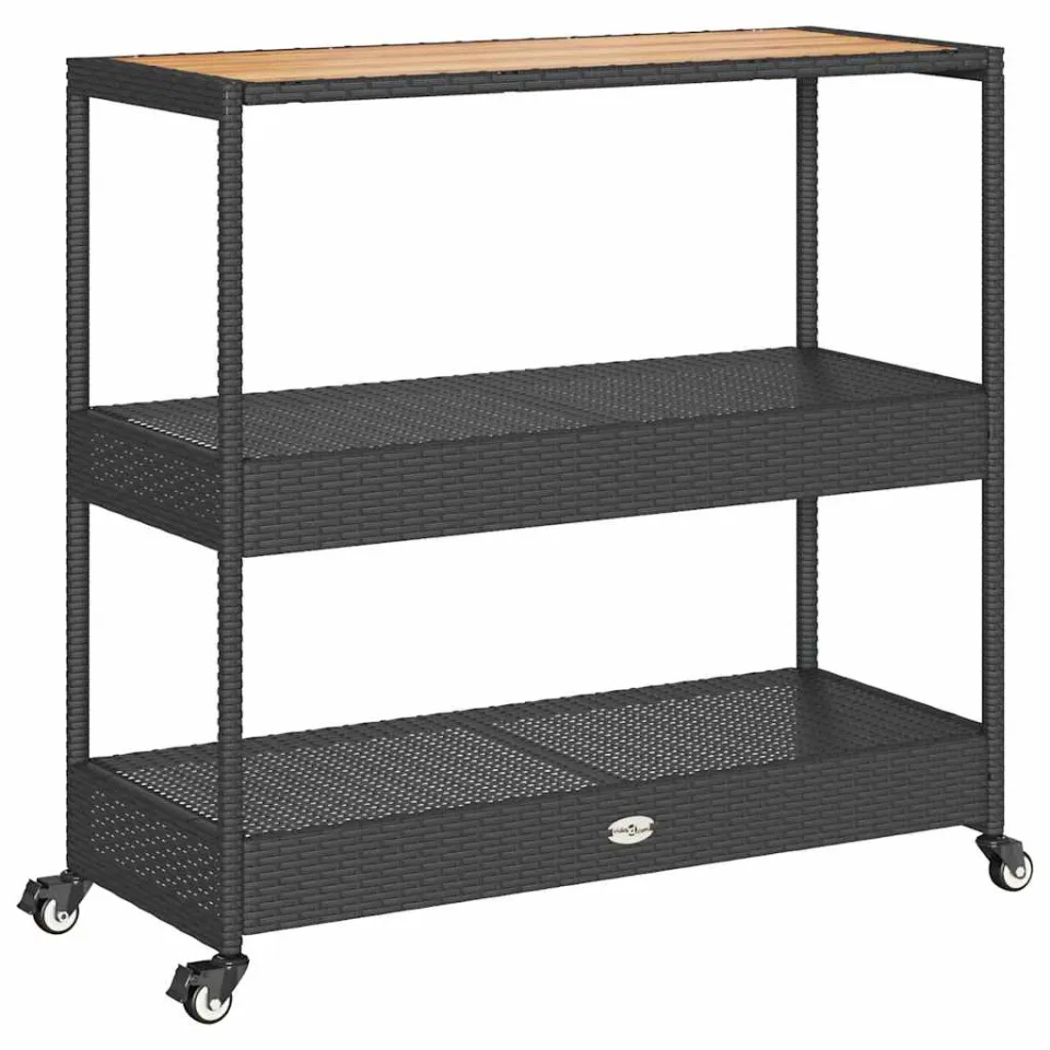 vidaXL Bartrolley 3-laags poly rattan en massief acaciahout zwart