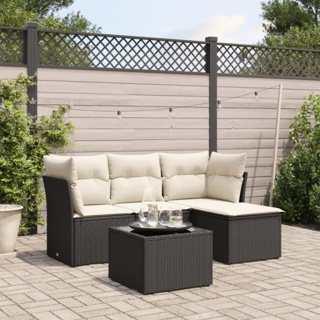vidaXL 5-delige Loungeset met kussens poly rattan zwart, foto 2