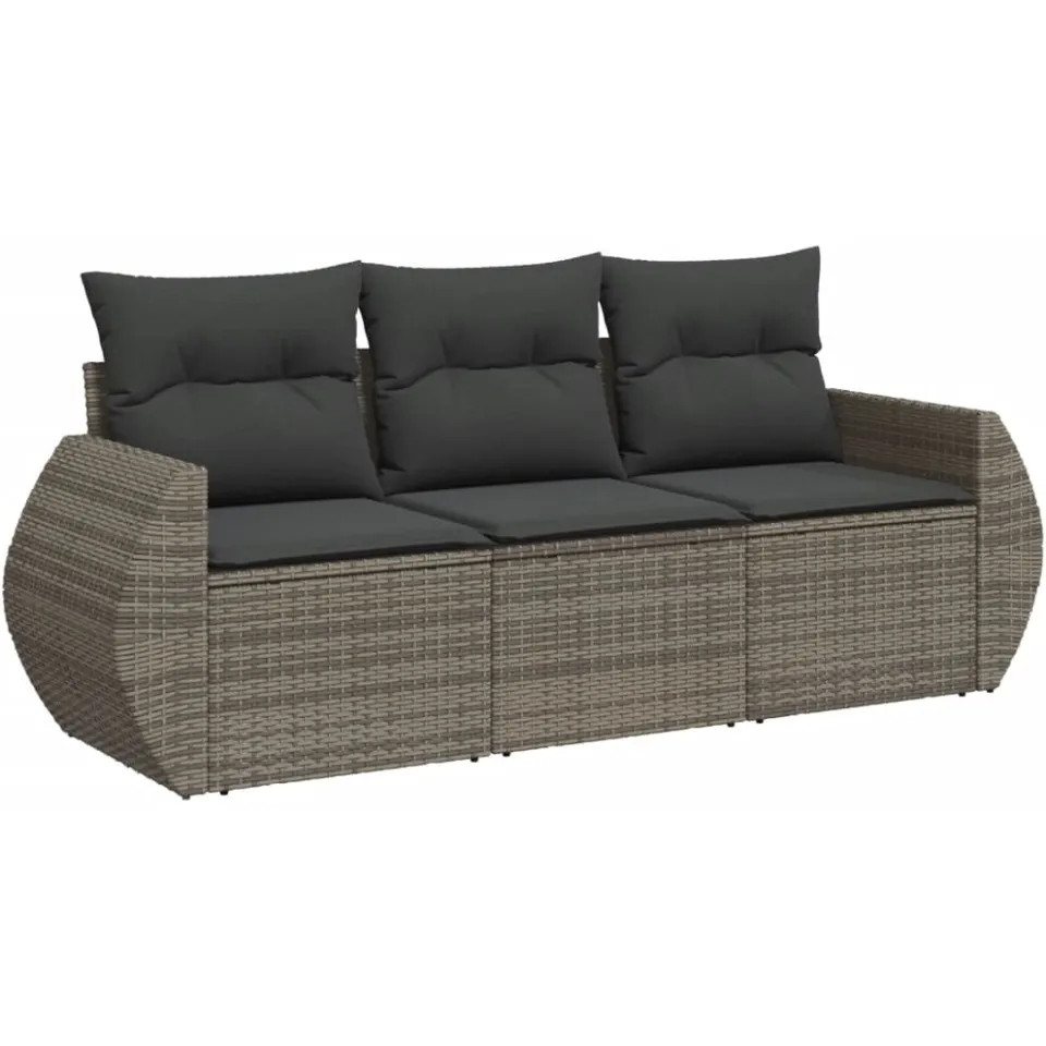 vidaXL 3-delige Loungeset met kussens poly rattan grijs, foto 3