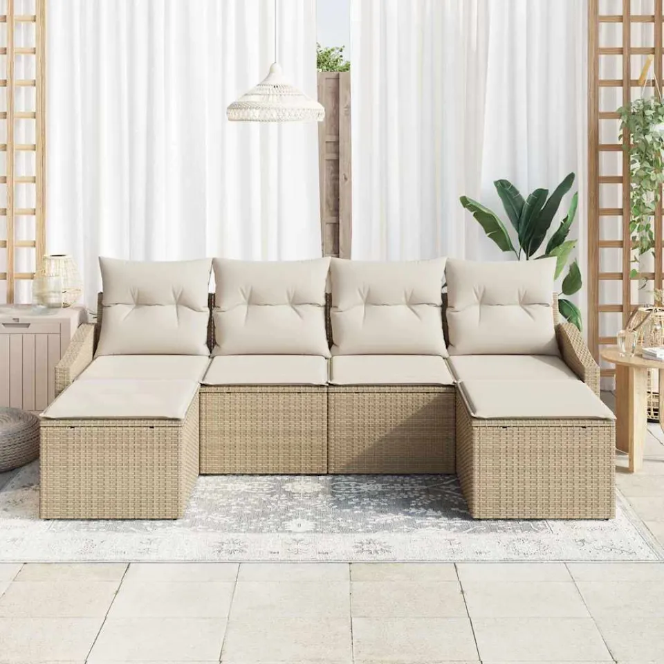 vidaXL Tuin Eetset 6 st Beige en Crème poly rattan, foto 2