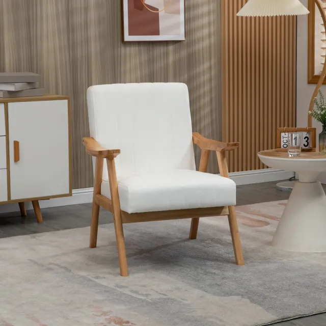 MEUNIQ fauteuil met armleuningen 68 x 74 x 82 cm in Skandi-design, crème, velvetlook loungestoel met houten frame voor woonkamer of slaapkamer