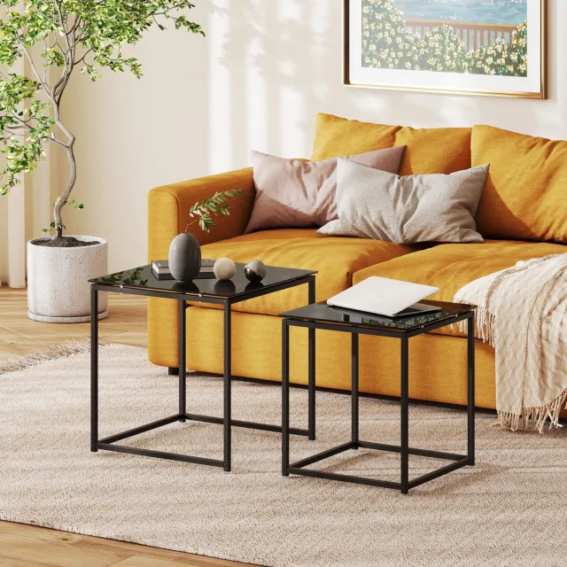 CHICFURN Bijzettafel - Set van 2 - Inschuifbaar - Stalen frame - Zwart