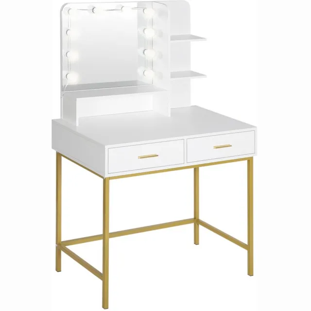 In And Outdoormatch Kaptafel met spiegel & verlichting - moderne toilettafel - ruime make-up tafel - stijlvol wit hout - 90x45x137 cm Wit met goud