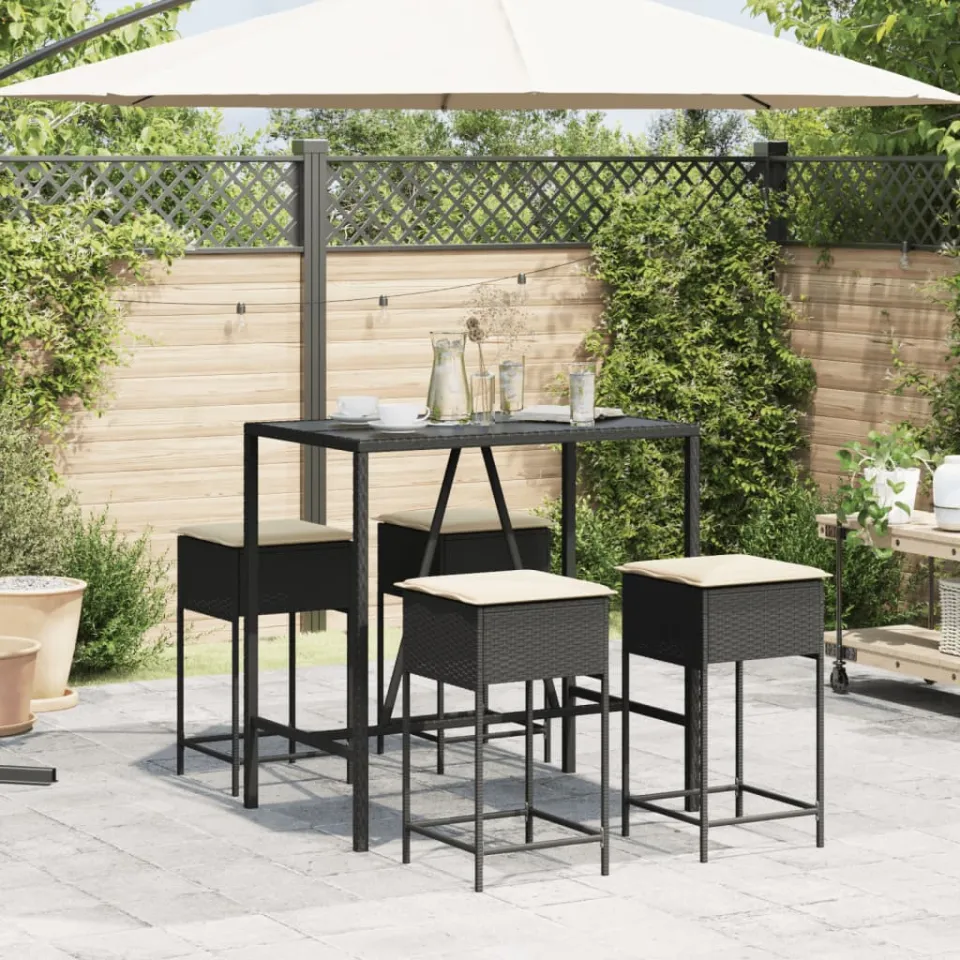 vidaXL 5-delige Tuinbarset met kussens poly rattan zwart, foto 3