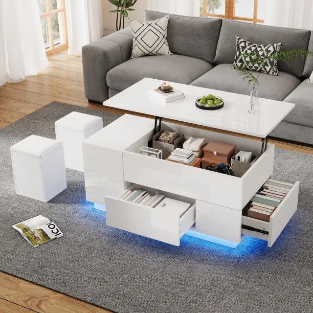 Clruro Salontafel - 100x50x45 cm - In Hoogte Verstelbaar en LED - 4-in-1 met 2 Poefs - MDF - Wit