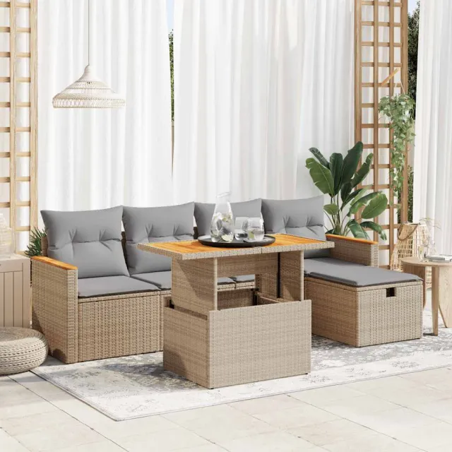 vidaXL 6-delige Loungeset met kussens poly rattan beige, foto 2
