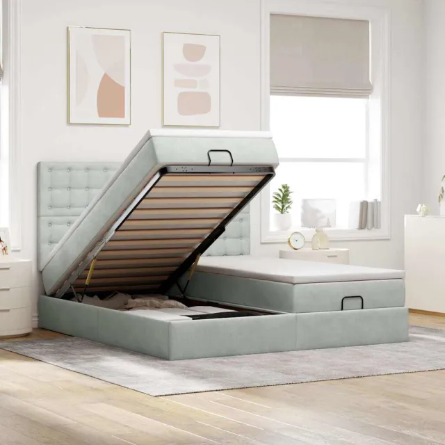 vidaXL Ottoman bed met matrassen en LED's 200x200cm fluweel lichtgrijs