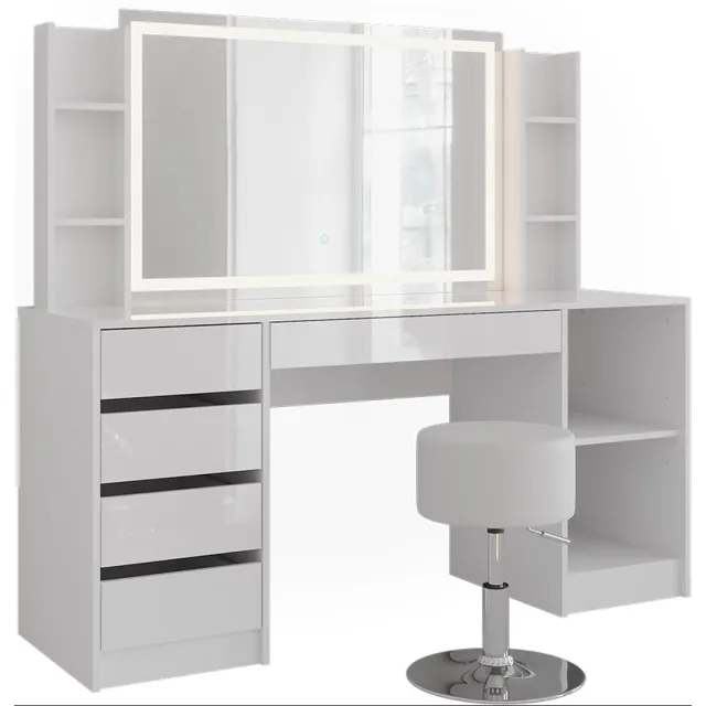 Vicco Kaptafel set met kruk Sherry, Wit/Wit Hoogglans, 158.2 cm met LED-spiegel en kruk
