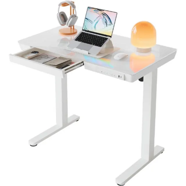 HUANUO Glazen Verstelbaar Bureau In Hoogte Met Lade - Elektrisch Zit Sta Bureau Met USB Oplaadpoort - 3 Geheugenstanden - Compact Design 88x50 - Wit wit glas