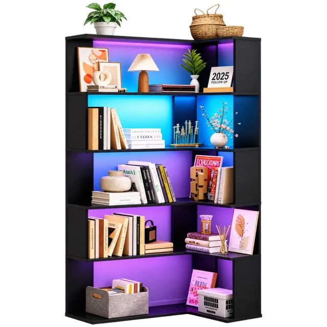 Vurnomi Boekenkast - Hoekkast - Open kast - Hoekrek - Opbergkast - Wandkast - Display kast - Slaapkamer kasten - 5 laags - LED Zwart