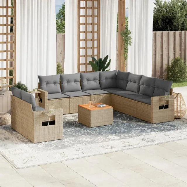 vidaXL 10-delige Loungeset met kussens poly rattan gemengd beige