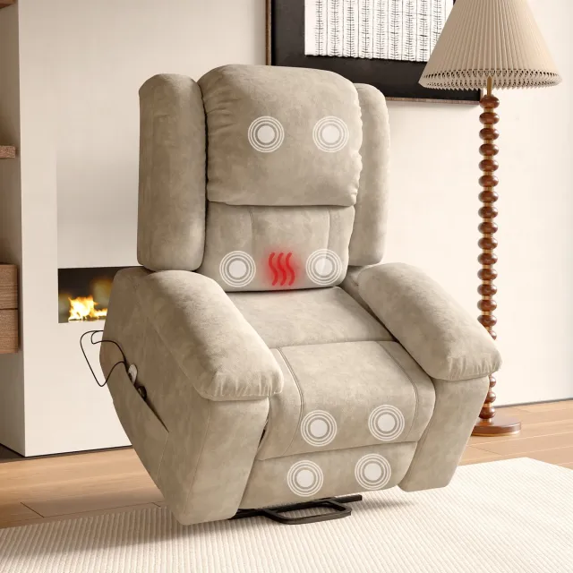 MEXUS Elektrische massagestoel, elektrische relaxstoel met massage- en verwarmingsfunctie, met zijvakken en uitschuifbare voetensteun, relaxbank (Beige)