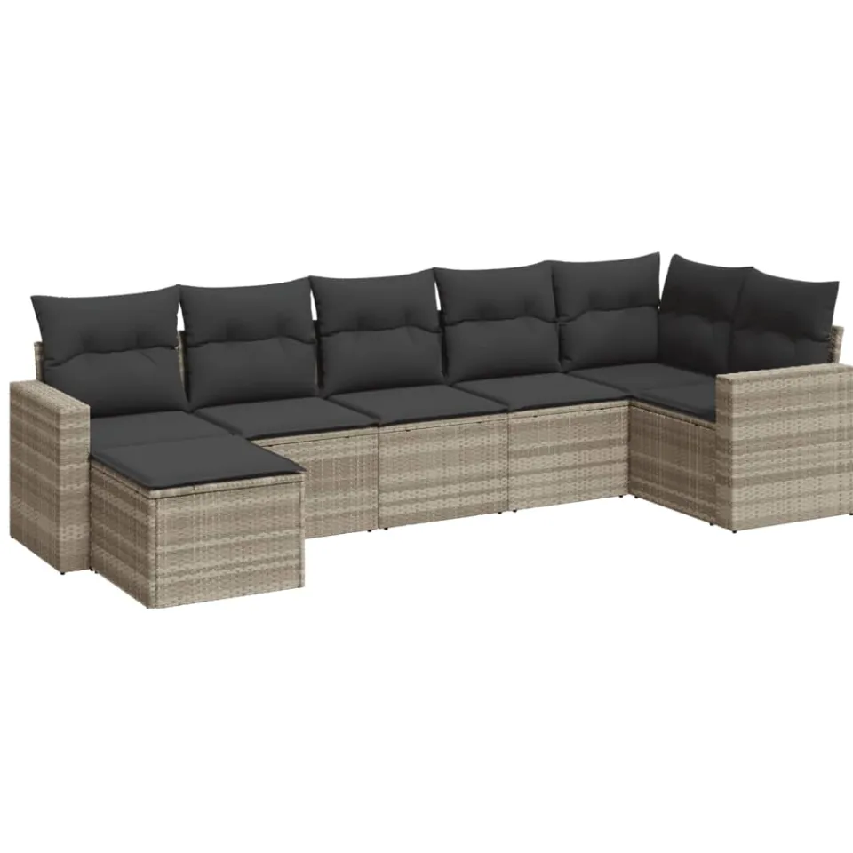 vidaXL 7-delige Loungeset met kussens poly rattan lichtgrijs grijs