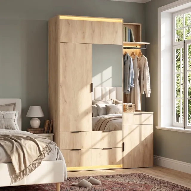 OKWISH Kledingkast - Met Spiegel En Drie Ledstrips - Voor Slaapkamer En Hal - MDF In Eikenkleur - 135 x 47 x 200 cm Houtkleur
