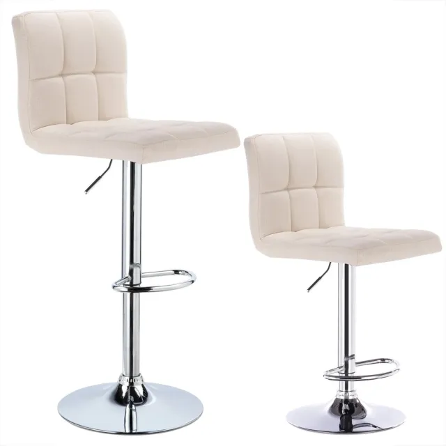 Cozy Cottage® Set van 2 Linnen Barkrukken – In Hoogte Verstelbare Barstoelen met Rugleuning – Chroom Stalen Frame - Gewatteerde Zitting – Hoge Krukken voor Keuken, Bar, Bistro & Eetkamer - Stoelen Crème/Wit
