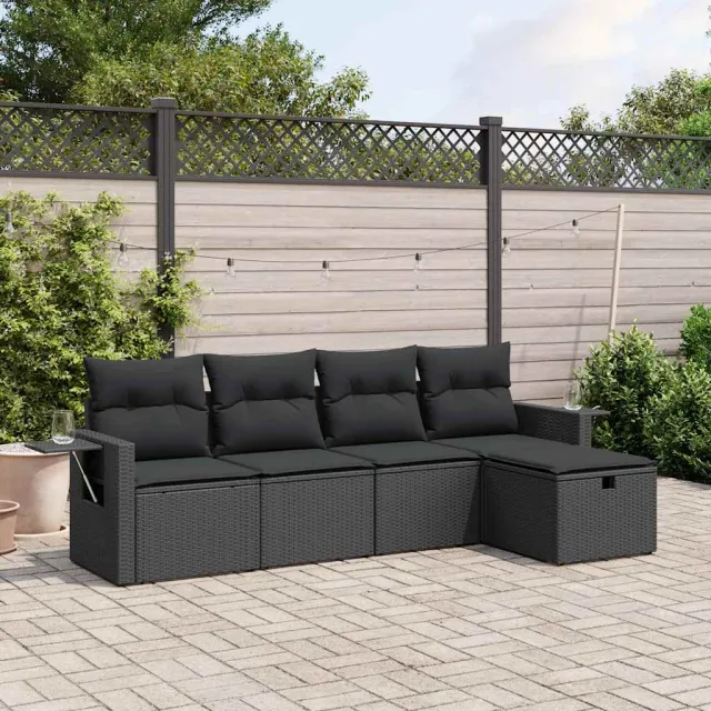 vidaXL 5-delige Loungeset met kussens poly rattan zwart, foto 2