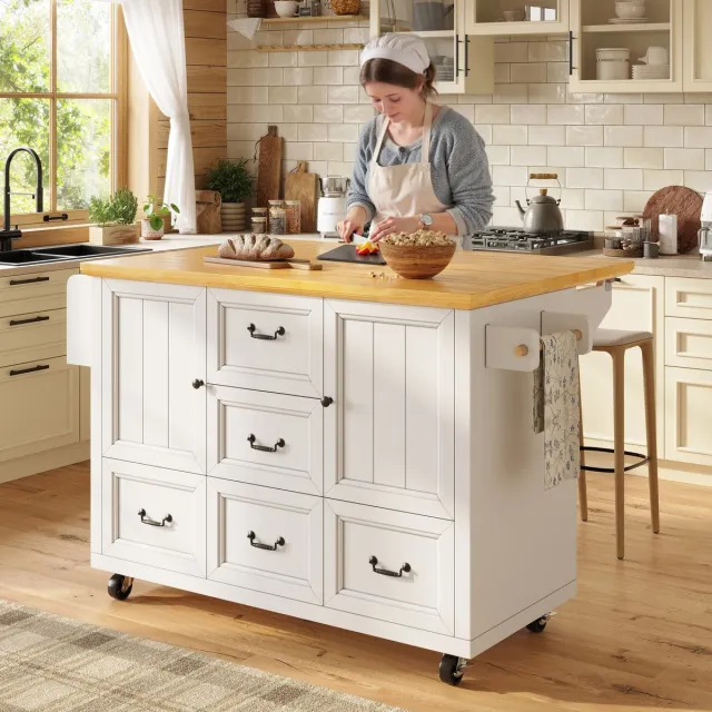 Clruro Keukeneiland - 120 x 45-73 x 93 cm - Klapblad en 5 Laden - Wielen - MDF/Metaal - Wit/Zwart