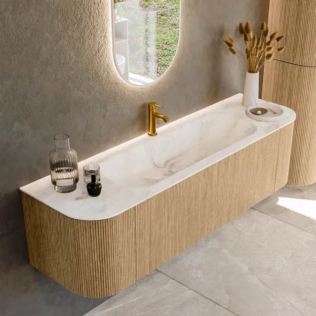 Mondiaz KURVE-DLUX 160 cm Onderkast Greeploos 1 Lade Met Deuren Oak, Wastafel Solid Surface Midden Frappe 1 Kraangat Zonder Spiegel (KRVBGM160L+R1L2D1KM-Oak/Fra)
