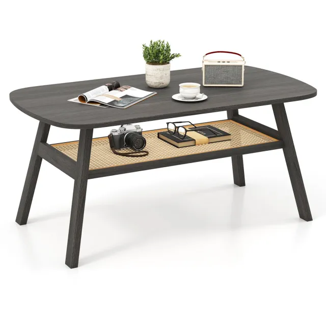 Costway Salontafel van hout, woonkamertafel met rotanplank, bijzettafel 2 niveaus, rustieke koffietafel, banktafel voor woonkamer, 100 x 55 x 44,5 cm Naturel