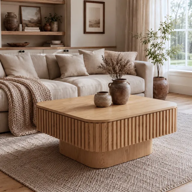 OKWISH Salontafel - Verborgen Opbergruimte - Afneembaar Klapblad - Voor Woonkamer, Slaapkamer Of Kantoor - MDF Houtkleur - 75 x 75 x 35 cm Natuurlijk hout