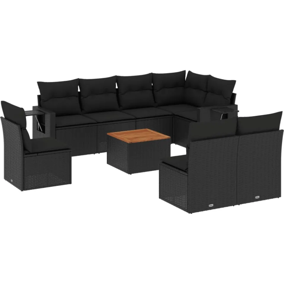 vidaXL 9-delige Loungeset met kussens poly rattan zwart, foto 3