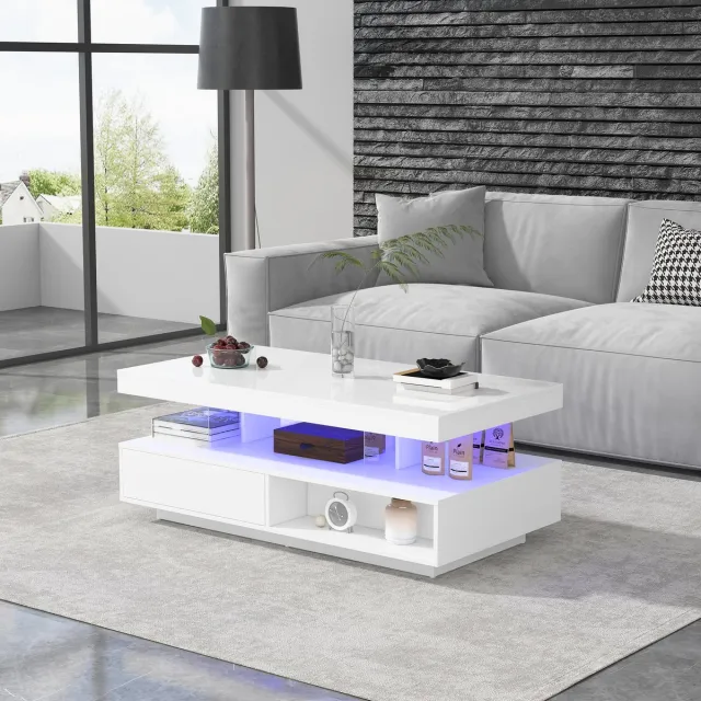DESMIU Salontafel - Hoogglans Met Glas Inleg En Opbergruimte - Voor Woonkamer En Interieur - Spaanplaat En Glas - 95x50x42,5 Cm - Wit