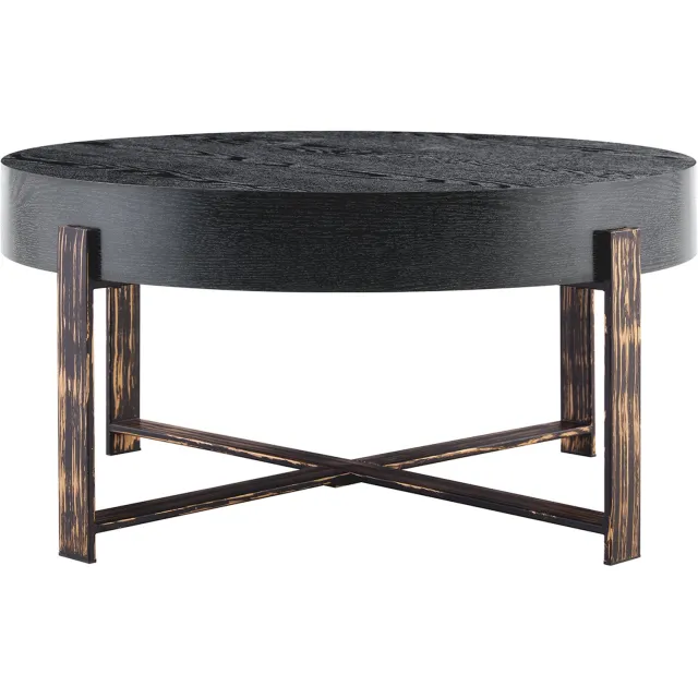 SONNENH Ronde salontafel - MDF blad met houtlook - Metalen X-onderstel - Ø68 x 36 cm - Zwart Zwart houtlook | Bronskleurig onderstel
