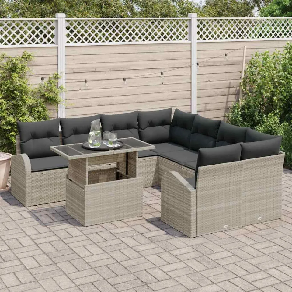 vidaXL Tuin Sofa Set 9 st Lichtgrijs poly rattan, foto 3