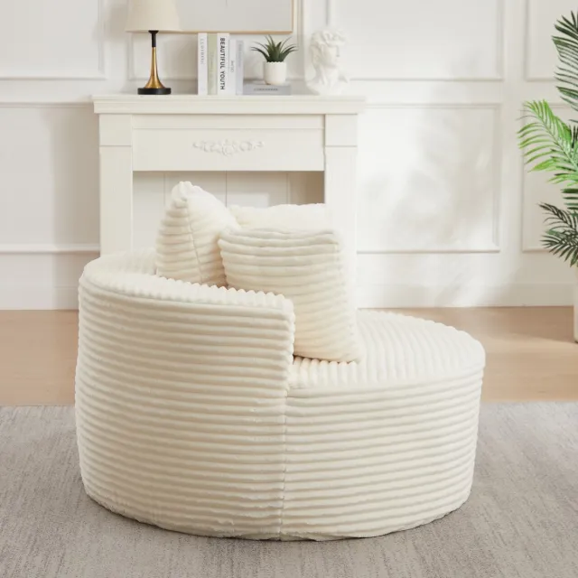 MEUNIQ Ronde cord faeuteuil 110 cm met brede armleuningen en 3 kussens, beige, voor woonkamer of slaapkamer