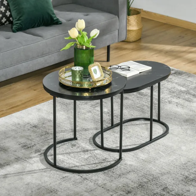MODENUIT Salontafelset - Rond en Ovaal, Stapelbaar - Woonkamer - MDF en Staal, Zwart - 50 cm Rond, 60 cm Ovaal