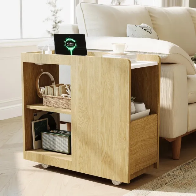 HOERFURIY Verrijdbaar Nachtkastje met Stopcontact & Lade - Smalle Bijzettafel met Wielen - USB & Type-C Oplaadstation - Eikenkleur - 70x30x63 cm