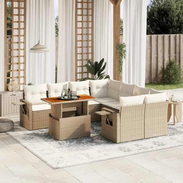 vidaXL 9-delige Loungeset met kussens poly rattan beige, foto 2