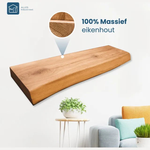 Alles Industrieel Zwevende Wandplank Eiken - Zwevend Wandplankje Hout - Boomstam Effect - 60cm/80cm/100cm/120cm Houtkleur