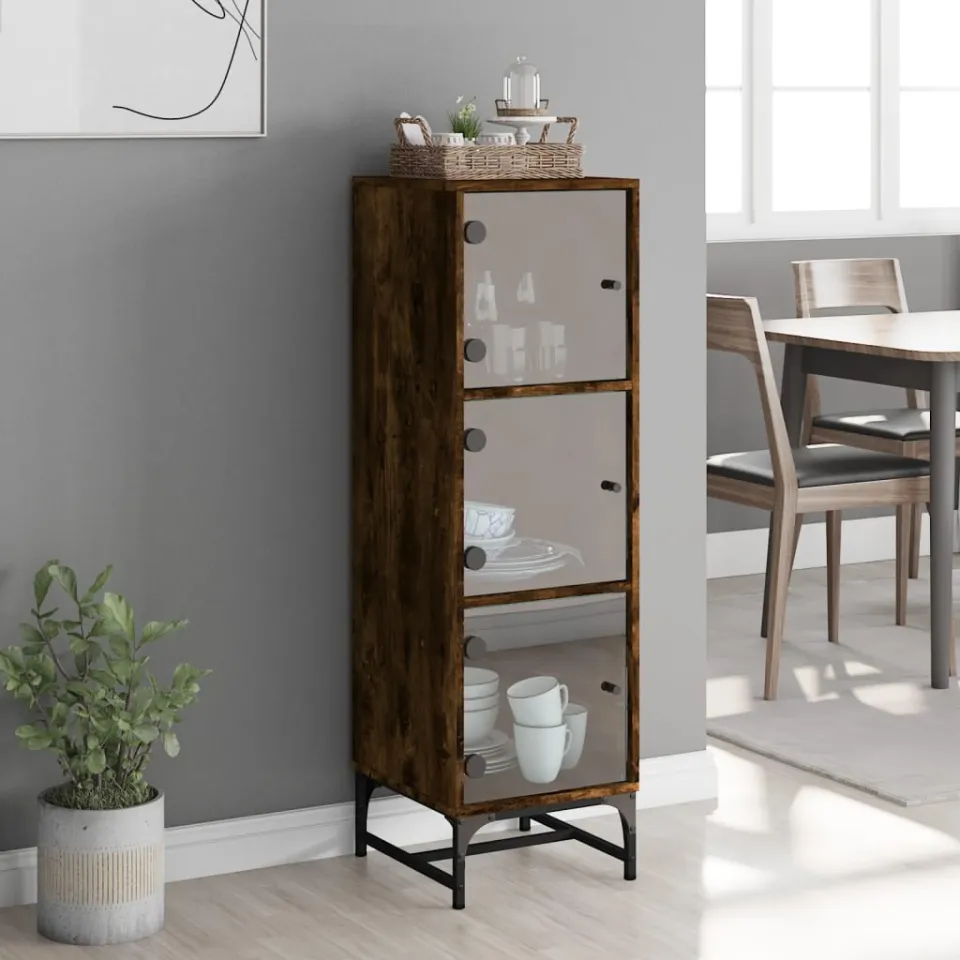 vidaXL Hoge kast met glazen deuren 35x37x120 cm gerookt eikenkleurig, foto 3