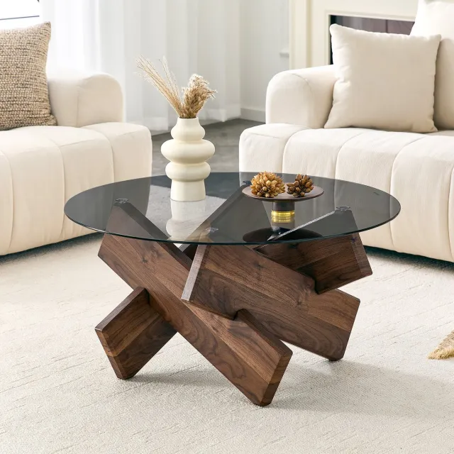 REDOM Ronde salontafel - Gehard glazen tafelblad - Geometrisch MDF onderstel - Moderne stijl - Woonkamer - Walnoot - Ø 79 cm x H 45 cm