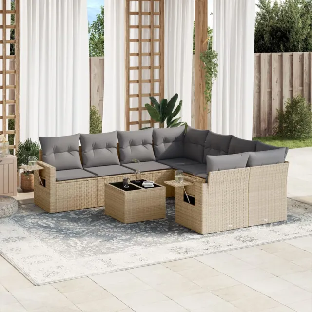 vidaXL 9-delige Loungeset met kussens poly rattan beige, foto 2