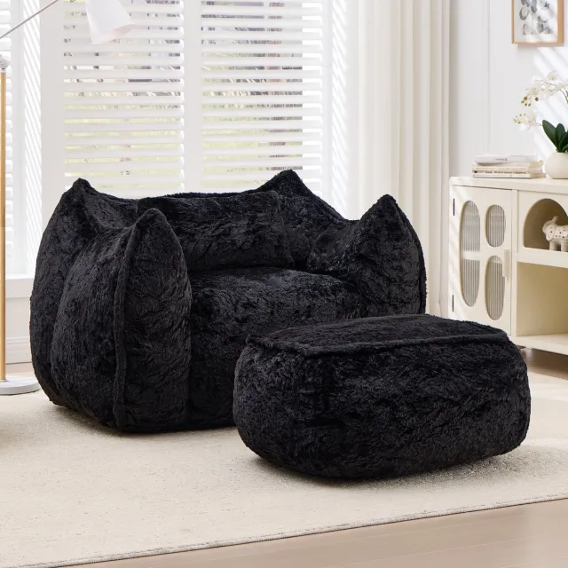 Vankel Zitzak met Voetenbank - Loungestoel - Bekleding van Imitatie Konijnenbont - Hoogdichtheid Versnipperd Schuim - Ergonomische Rugleuning - Relaxstoel voor Woonkamer en Slaapkamer - Draagvermogen 200 kg-Zwart