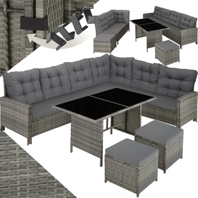 Tectake Loungeset Barletta - 6 tot 8 Personen - Modulaire Tuinset met Loungebank, Kruk en Tuintafel - Tuinmeubels - Balkonmeubel - 5-delige Zitgroep - Inclusief Kussens - Ideaal voor Tuin, Terras en Balkon - Beige met Grijze Kussens grijs / beige