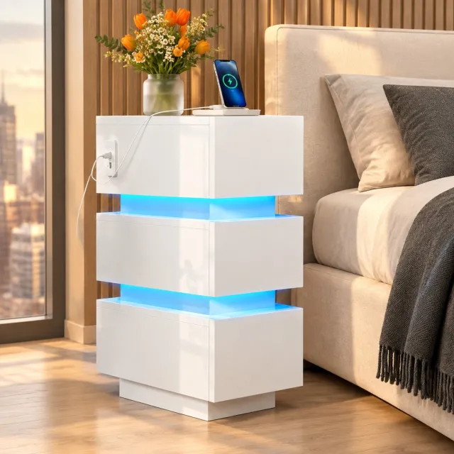 MIVRAY Nachtkastjes - Smal Met Drie Lades En Ledverlichting - Set Van Twee Voor Kleine Slaapkamers - Spaanplaat - 20 X 40 X 59,5 Cm - Wit