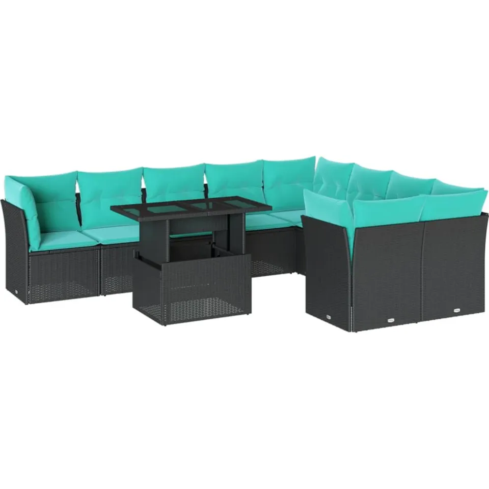vidaXL 10-delige tuinbankset met kussens van zwart polyrotan, foto 3