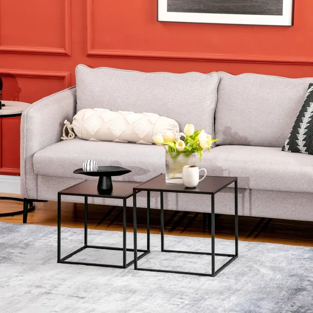 MIVRAY Bijzettafelset - Twee Vierkante Tafels Met Stalen Frame - Flexibel Voor De Woonkamer - Zwart Staal - 40x40x40 En 35x35x35 Cm