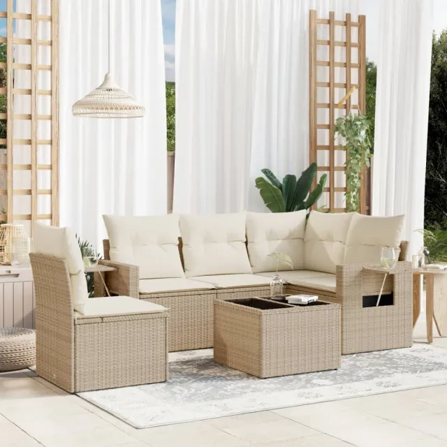 vidaXL 6-delige Loungeset met kussens poly rattan beige, foto 2
