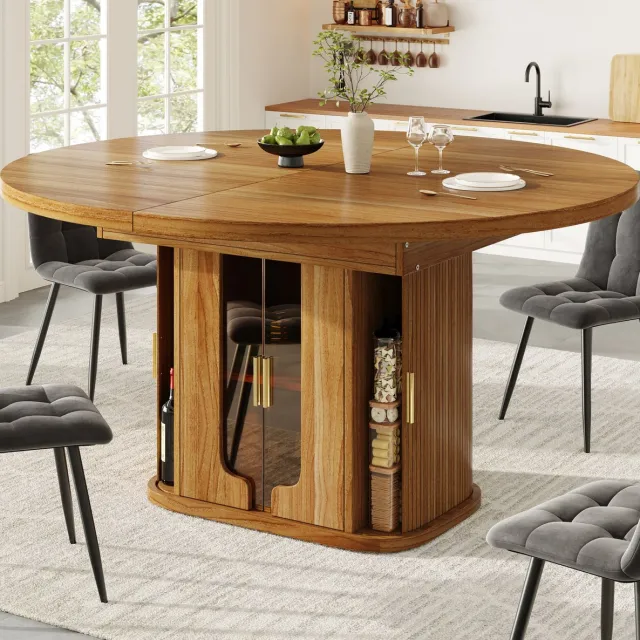 Wishdor Uitschuifbare eettafel - Ronde tot ovale vorm - Opbergruimte met glasdeuren - Walnootkleur - MDF - Voor 6 personen - Met metalen grepen - 118-158 x 118 x 77 cm Walnut