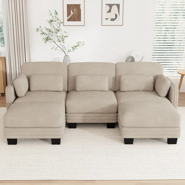 REDOM U-bank - 3 zitplaatsen - Modulair ontwerp met 2 ottomanen - Verplaatsbare kussens - Chenille - Licht koffie - 253 x 143 x 88 cm Licht koffiebruin
