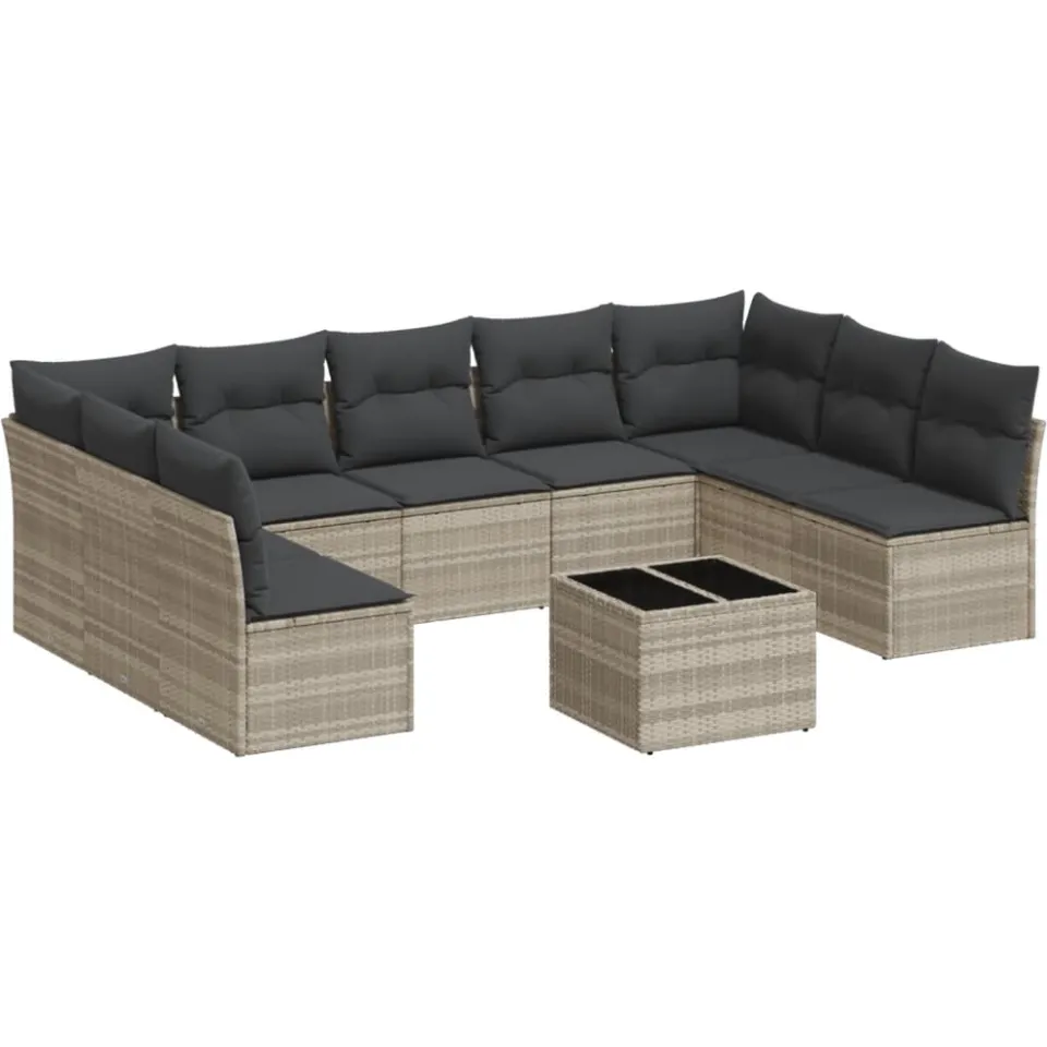 vidaXL 10-delige Loungeset met kussens poly rattan lichtgrijs grijs