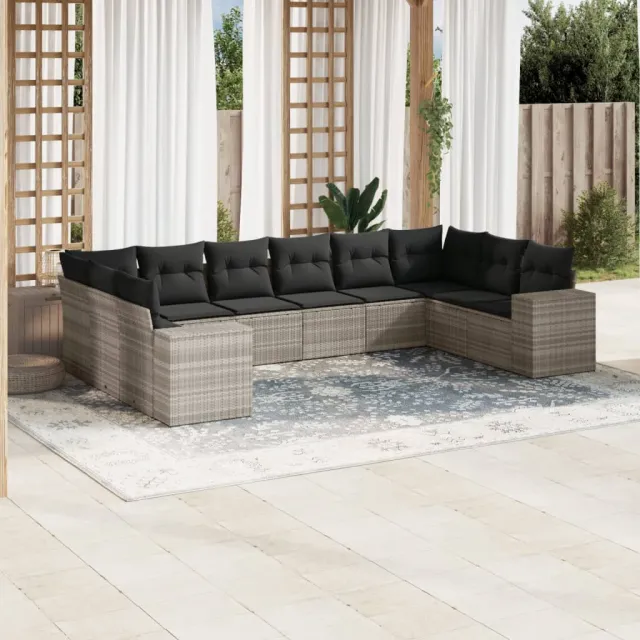 vidaXL 10-delige Loungeset met kussens poly rattan lichtgrijs grijs, foto 2
