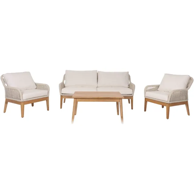 MCW Tuinset MCW-H56b, loungeset tuin loungebank fauteuil tafel, touw vlechtwerk Touwhout acacia ~ crème