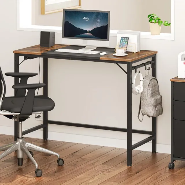 HOOBRO Bureau/Computertafel/Home Office Tafel met Oplaadstation Tweekleurig Tafelblad 3 Haken Industrieel Metalen Frame voor Studiekamer Woonkamer Retro Bruin Zwart
