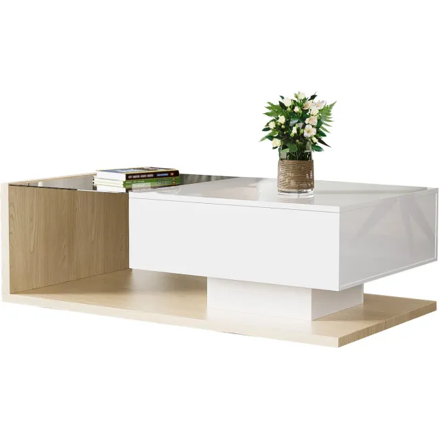 YYchan Salontafel - Luxe Hoogglans Tafel in Houtlook - Inclusief LED Verlichting & Gehard Glas - 105 x 55 x 32.5 cm - Natuurlijk Wit